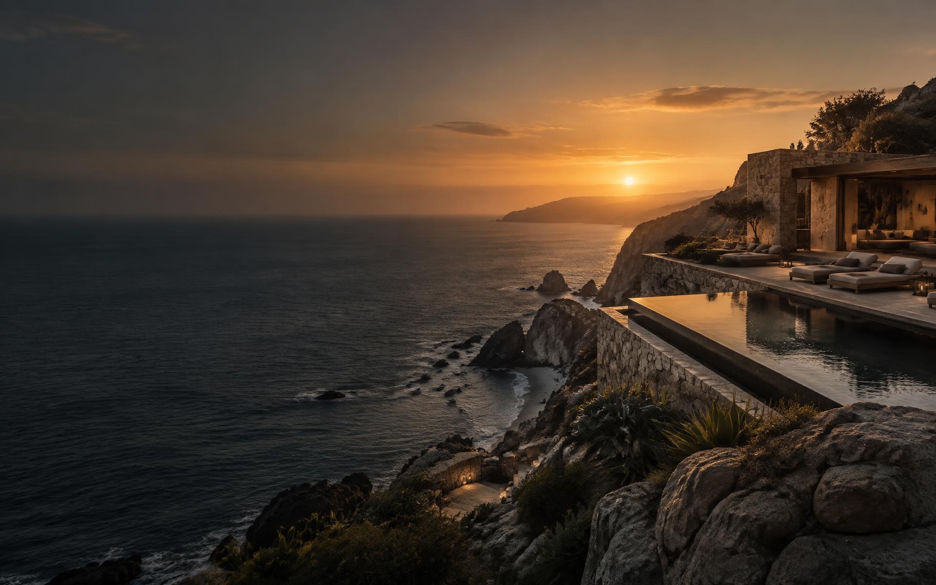Cliffside resort overlooking the Pacific at dusk